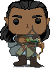 a pixel art drawing of a funk pop of legolas, depicted with brown skin and black hair